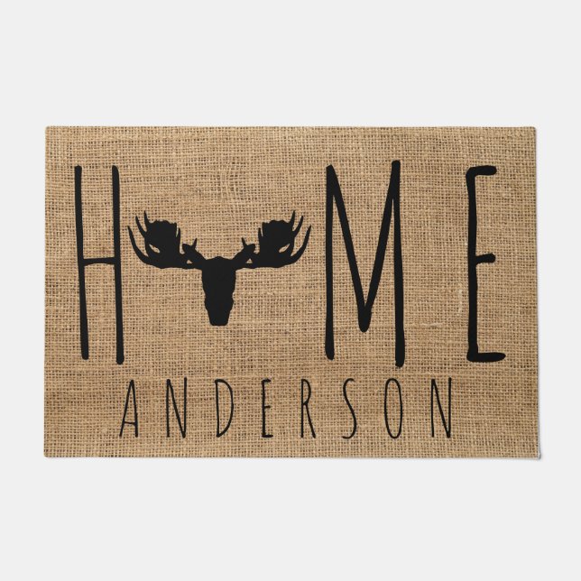 Tapete Russo Country Faux Burlap Moose Head Family Name (Frente)
