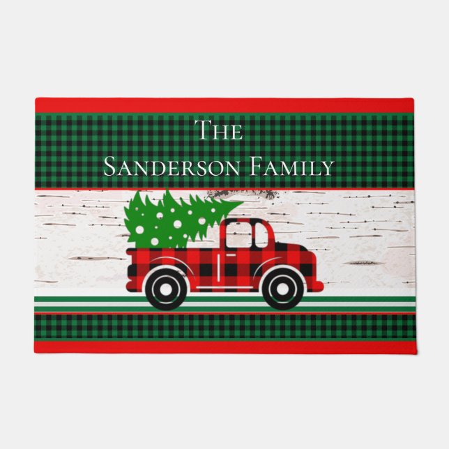 Tapete Rustic Christmas Red Truck Green Buffalo Plaid (Frente)