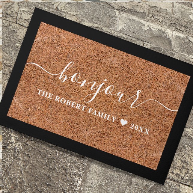 Tapete Rustic Coir Family Name Bonjour French Welcome (French Hello Goodbye entrance door mats personalized with family name.)