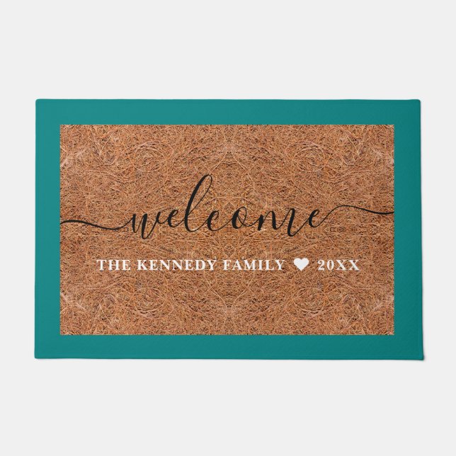 Tapete Rustic Coir Welcome Family Name Teal Outdoor (Frente)