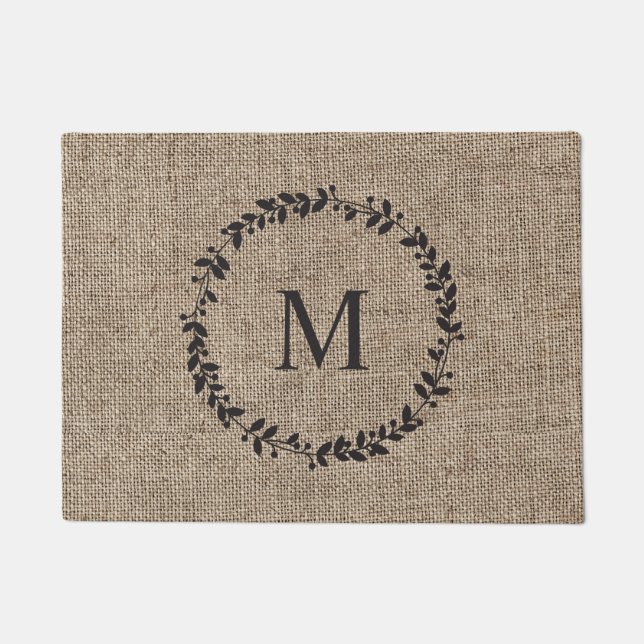 Tapete Rustic Laurel Wreath Farmhouse Burlap Monogramed (Frente)