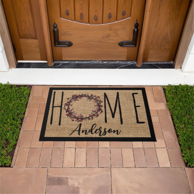 Tapete Rustic Wreath Faux Burlap Home Family Name Doormat (Ar livre)