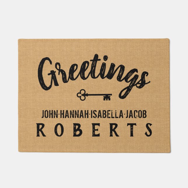 Tapete Saudações Burlap Farmhouse Feedsack Personalizado (Frente)