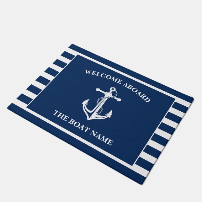 Tapete Seu nome de barco Anchor Blue Welcome Aboard (Inclinado)