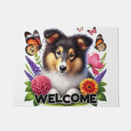 Tapete Shetland Sheepdog com Flores e Borboletas