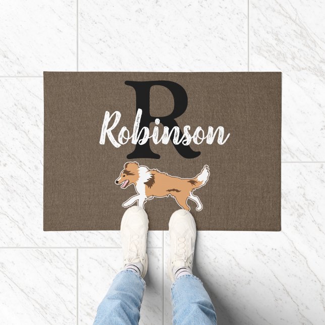 Tapete Sobrenome de Monograma de Sheepdog Shetland (Sheltie Shetland Sheepdog Monogram Doormat)