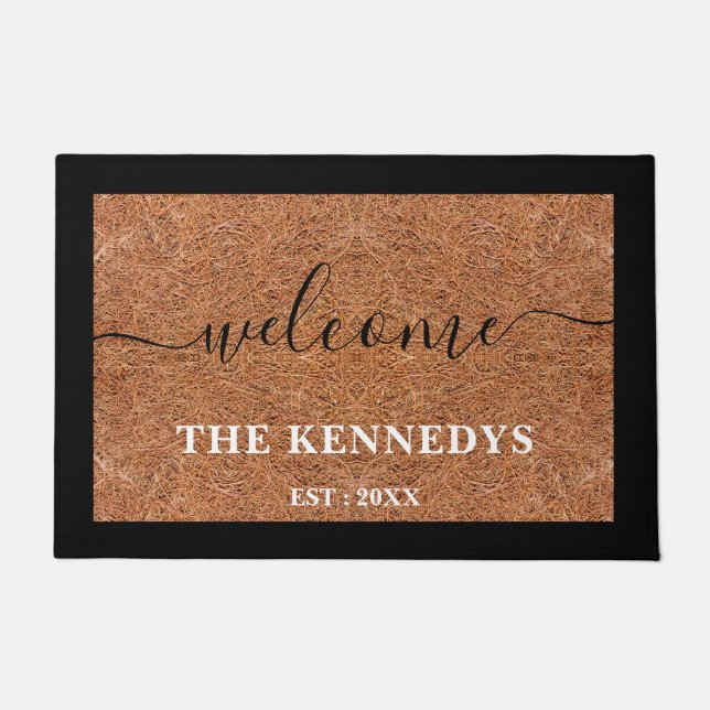 Tapete Sobrenome Rustic Coir Black Welcome Personalizado  (Frente)