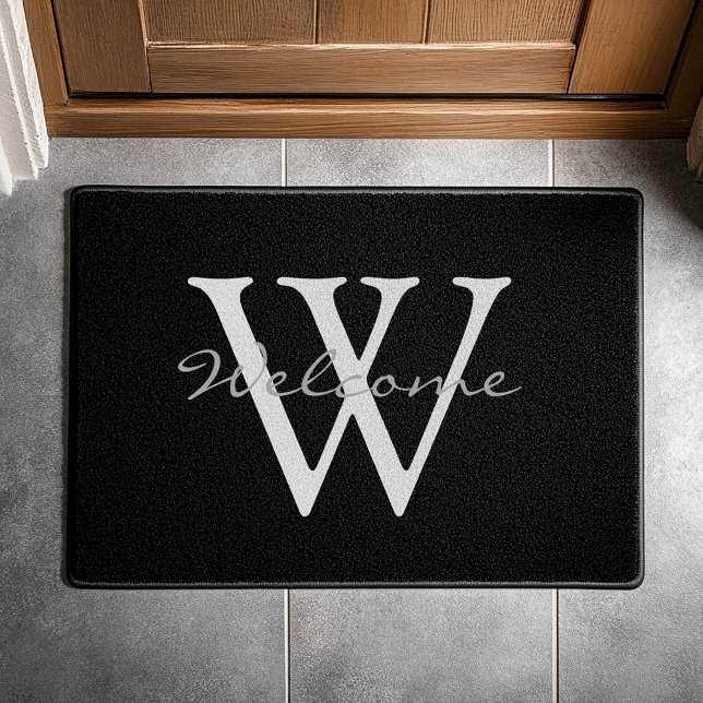 Tapete Sotaque de porta de boas-vindas ao Monograma Moder (Black and white welcome mat with elegant script big "w" and "welcome")