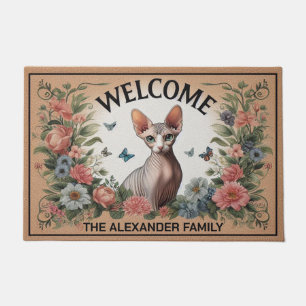 Tapete Sphynx Personalizado Cat Floral Chic Bem-vindo