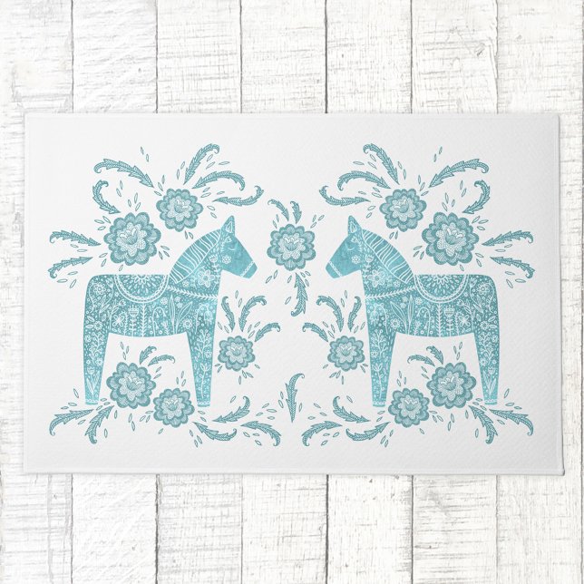 Tapete Sueco Dala Horse Teal Green e White Doormat (Swedish Dala Horse folk art teal and white doormat)