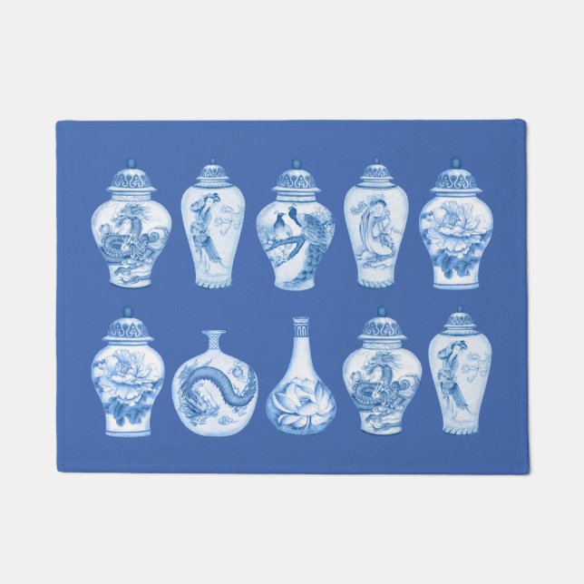 Tapete Templo de Chinoiserie Branca Azul Costeira - Jars  (Frente)