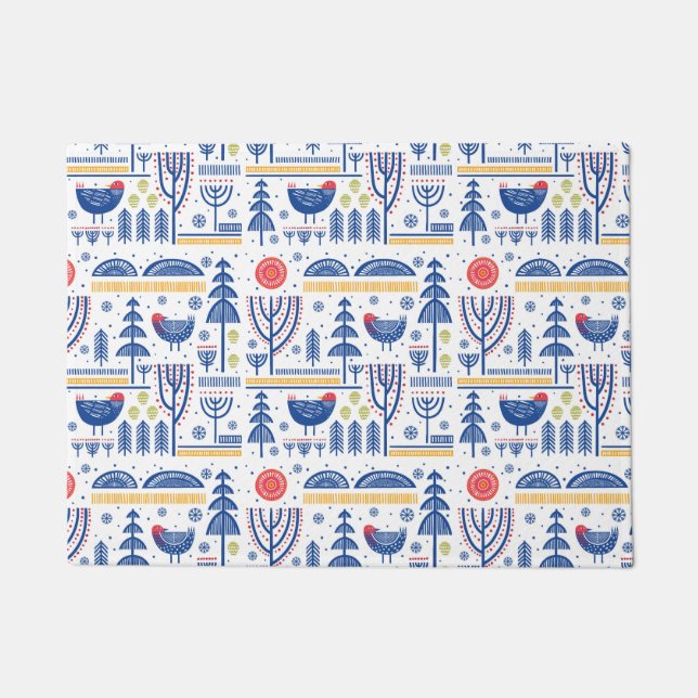 Tapete Teste padrão do pássaro do inverno da arte popular (Frente)