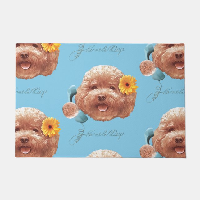 Tapete Toy Poodle com Flor e Ilustração de Telefone (Frente)