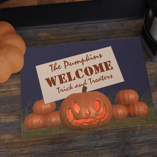 Tapete Truque de Abóbora de Halloween ou Tratar Porra de  (Welcome your trick and treaters with this creepy pumpkin Halloween doormat!)