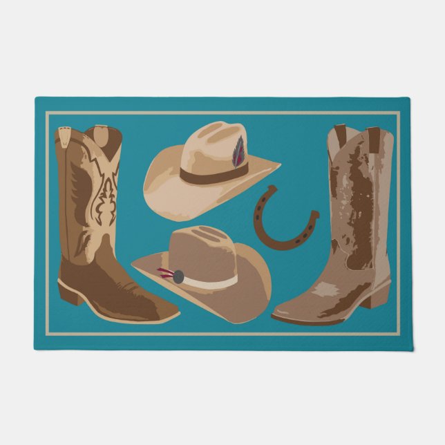 Tapete Turquesa Ocidental Teal Blue Brown Cowboy Boots Ha (Frente)