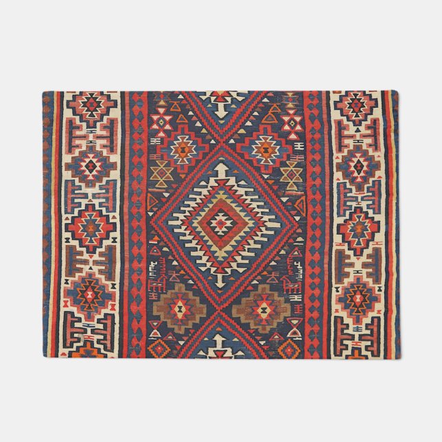 Tapete Turquia Kilim Aztec Vermelho Azul Tan  (Frente)