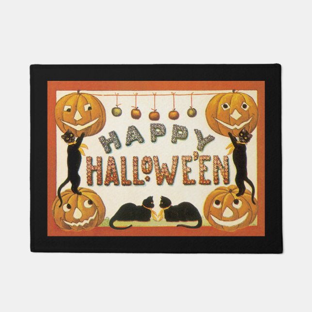 Tapete Vintage Halloween, Gatos Negros com Jackolanteras (Frente)