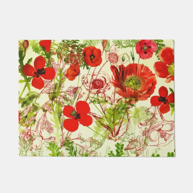 Tapete Vintage Red Green Poppies Summer Wilflower (Frente)