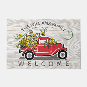 Tapete Vintage Red Truck Sunflows Nome da Família Bem-vin
