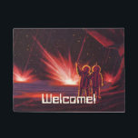 Tapete Vintage Science Fiction Alienígena Red Planet Expl<br><div class="desc">É fácil personalizar este tapete de boas-vindas com o seu texto personalizado! Imagem de Vintage, ilustração futurista Science Fiction com astronautas alienígenas amigáveis acenando. Eles estão em um planeta ou lua vermelho com bolas de fogo explosivas que se parecem com fogos de artifício. Um clássico design de quadrinhos retrô 50...</div>