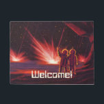 Tapete Vintage Science Fiction Alienígena Red Planet Expl<br><div class="desc">É fácil personalizar este tapete de boas-vindas com o seu texto personalizado! Imagem de Vintage, ilustração futurista Science Fiction com astronautas alienígenas amigáveis acenando. Eles estão em um planeta ou lua vermelho com bolas de fogo explosivas que se parecem com fogos de artifício. Um clássico design de quadrinhos retrô 50...</div>