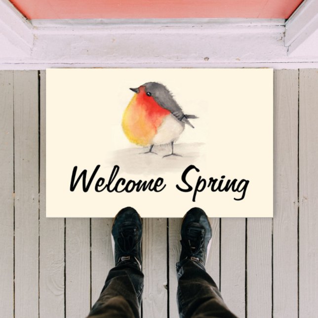 Tapete Watercolor Robin Welcome Primavera Door Mat (Criador carregado)