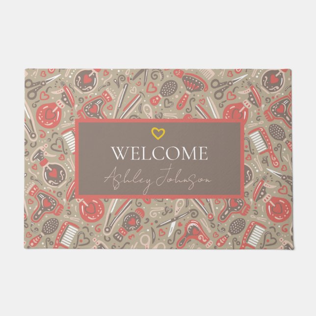 Tapete Welcome — Portuguese folk Hair Salon Taupe & Coral (Frente)