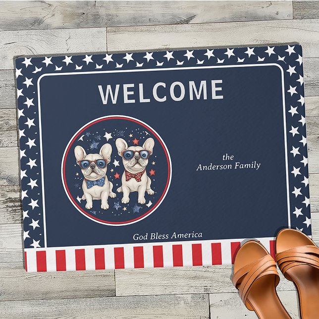 Tapete Whimsso French Buldogue Patriotic Red White Blue (Whimsical French Bulldog Patriotic Red White Blue Custom Doormat for Independance Day 4th of July
)