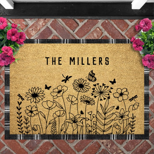 Tapete Wildflower Line Art Personalized Welcome Custom (Wildflower Line Art Personalized Doormat | Custom Text Welcome Mat Housewarming Gift)
