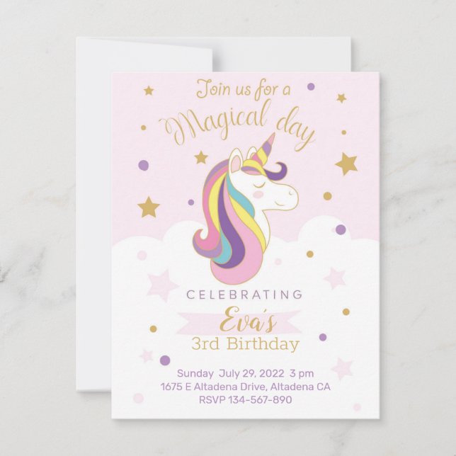 Tarjeta de invitación para cumpleaños unicornio (Frente)