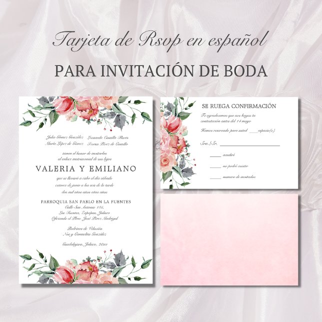 Tarjeta de RSVP de boda rosa elegante espanhola RS (Tarjeta de RSVP en español con flores rosados)