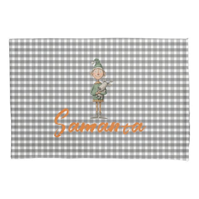 Tartan plaid christmas elf reideer grey white name (Frente)