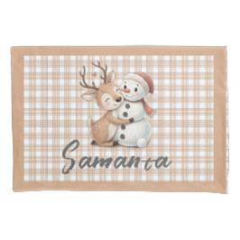 Tartan plaid reindeer snowman beige white name