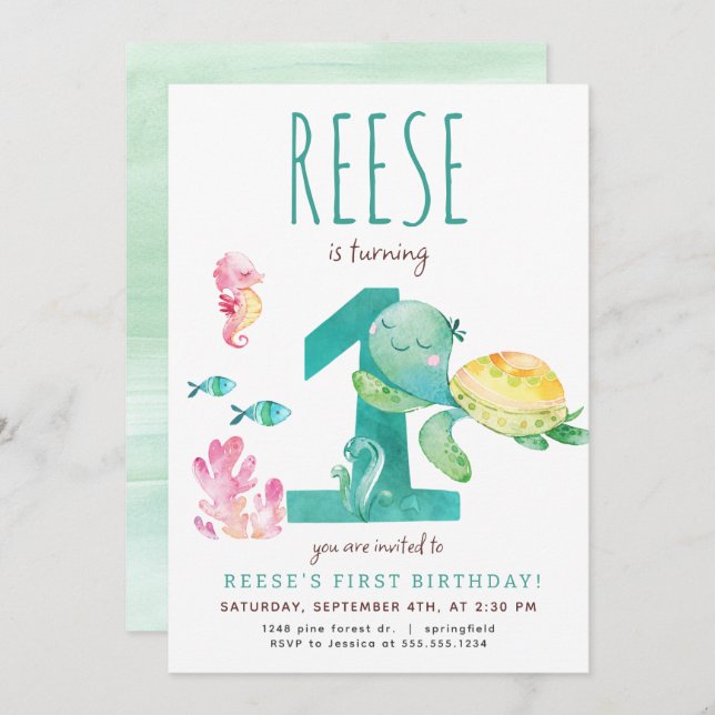 Tartaruga do Mar Primeiro Convite de Aniversário (Frente/Verso)