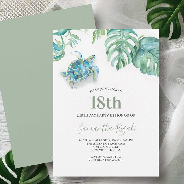 Tartaruga do Mar Tropical Aquarela Convite de Aniv (18th birthday invitations watercolor sea turtle & palm leaf art by Victoria Grigaliunas DoTellABelle)