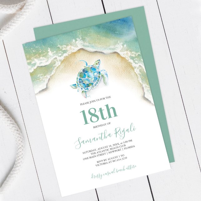 Tartaruga do Mar Tropical Ondas do Aniversário Con (18th Birthday invitation with watercolor sea turtle & ocean waves beach shore Victoria Grigaliunas)