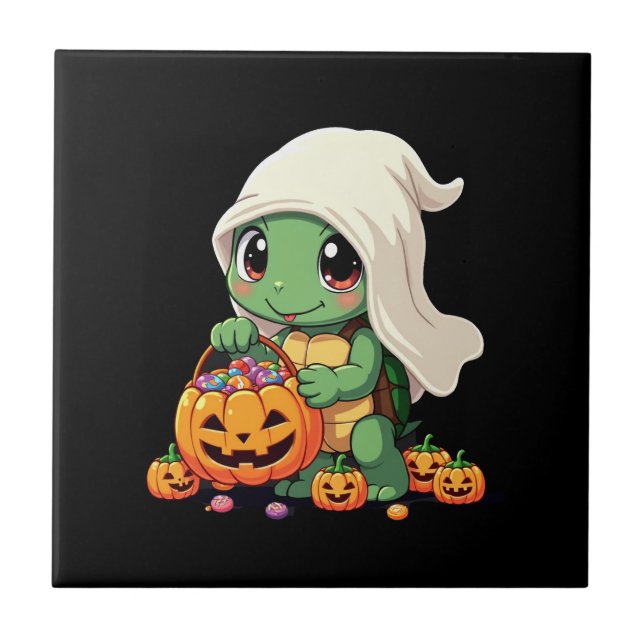 Tartaruga Fantasma de Halloween Adorável com Doce  (Frente)