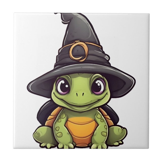 Tartaruga fofa de Halloween com um chapéu de bruxa (Frente)