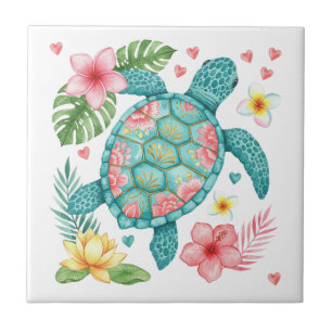 Tartaruga marinha e flores tropicais