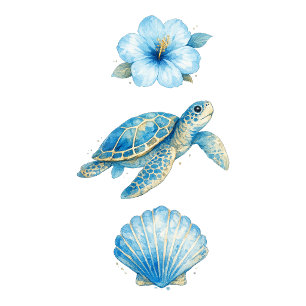Tartaruga Marinha em Aquarela Azul e Elementos Cos