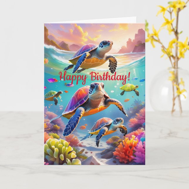 Tartarugas coloridas, Cartão de Aniversário dobrad (Flor Amarela)