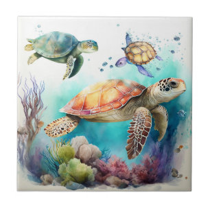 Tartarugas do mar com aquarelas e Azulejo cerâmico