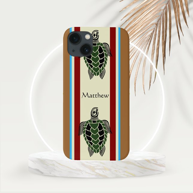 Tartarugas do Mar Tribais com Estirpes Verticais (Tribal Turtle Design with Vertical Stripes and Custom Text Line Phone Case)