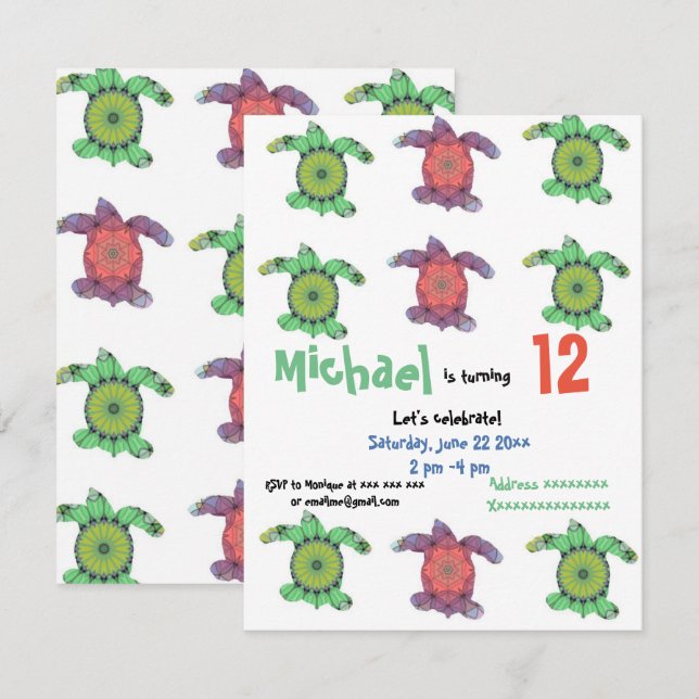 Tartarugas marinhas, convite de aniversário (Frente/Verso)