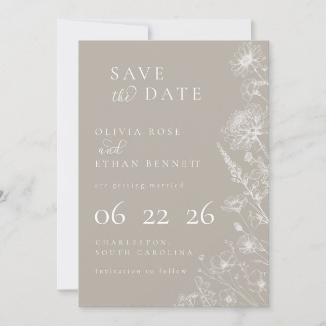 Taupe Botanical Minimal Wedding Save the Date (Frente)