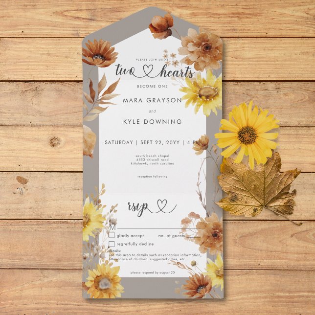 Taupe de Girassol e Detalhes Brancos do outono Rus (Rustic Autumn Sunflower Taupe & White Details All In One Invitation)