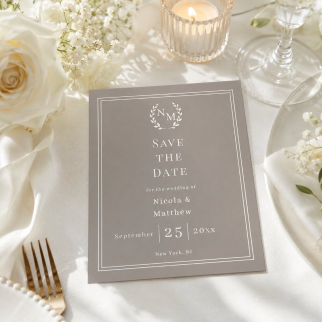 Taupe Ivory grinalda monograma casamento Save the  (Criador carregado)