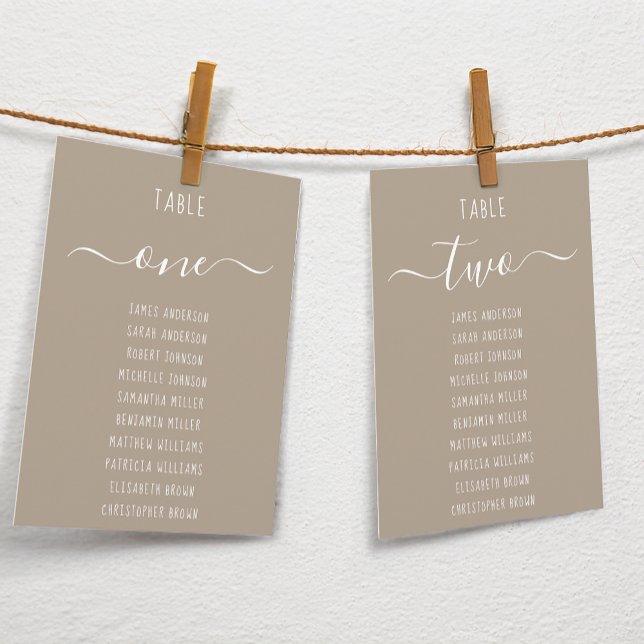 Taupe Modern White Script Brown Seating Chart Card (Criador carregado)