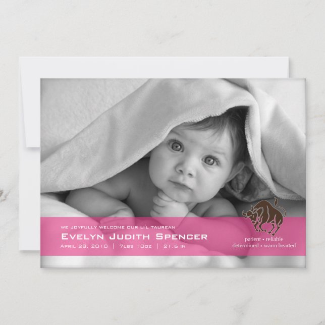 Taurus, o Cartão de Anúncio de Nascimento de Foto  (Frente)