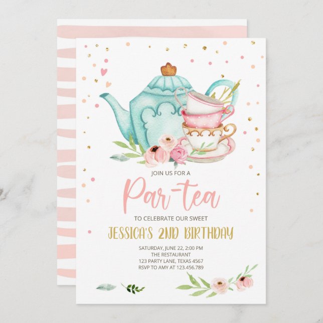 Tea Birthday Convite Rapariga Festa Par-tea Floral (Frente/Verso)